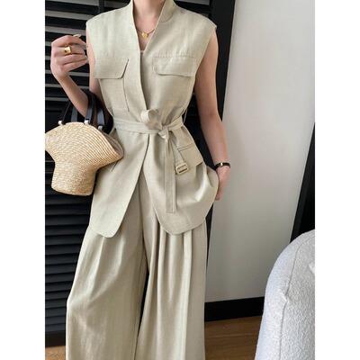 潮衣看2026春夏新款天丝亚麻混纺女士西装腰带马甲休闲阔腿裤套装