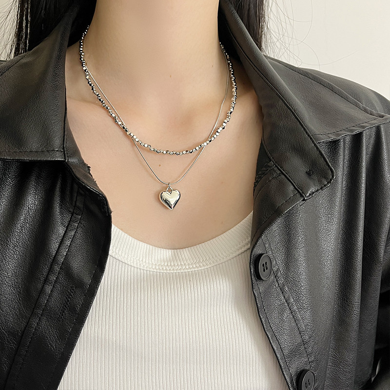 碎银子爱心项链女潮小众设计高级感颈链甜酷风百搭双层叠戴锁骨链