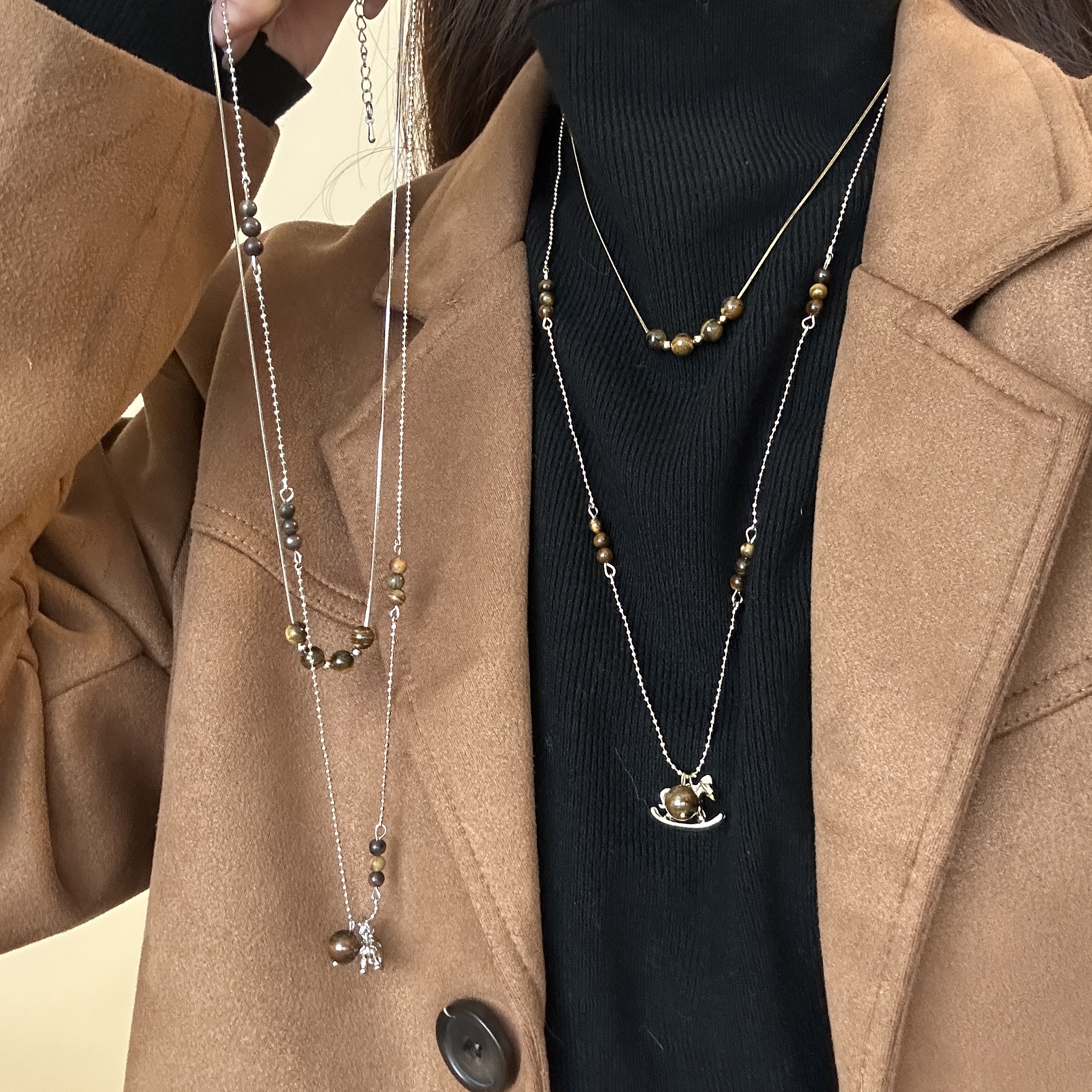 复古小马虎眼石叠戴项链女款