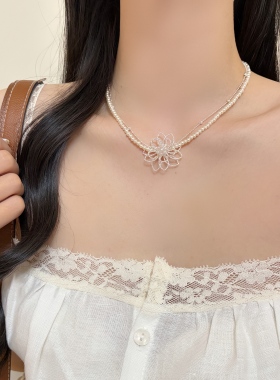 unbeaten复古镂空珍珠锁骨链