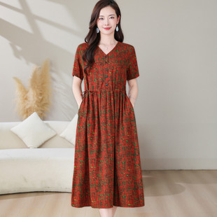 夏季 印花棉绸连衣裙女妈妈装 松紧腰洋气气质裙 V领短袖 中老年女装