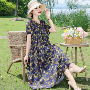 中老年女装 棉绸连衣裙女新款 宽松休闲洋气碎花裙子 夏季 高端妈妈装