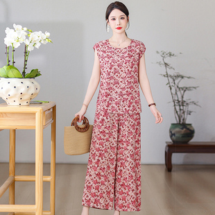 睡衣套装 纯棉绸无袖 中老年妈妈气质宽松休闲家居服两件套 新款 夏季