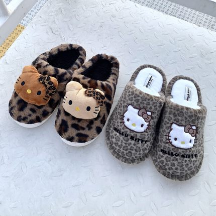 可爱拖鞋毛绒加厚豹纹hellokitty包头棉拖鞋居家室内保暖冬高颜值