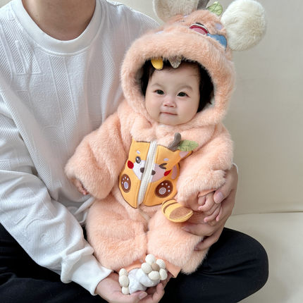 新生婴儿儿连体衣冬季加绒加厚外出服保暖冬装男女宝宝可爱爬服冬