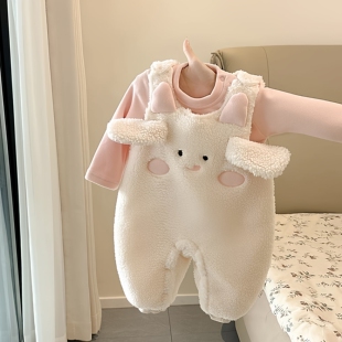 女宝宝夹棉加绒连体衣冬装两件套婴幼儿洋气加厚打底衫背带裤套装