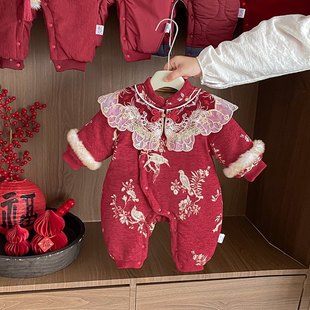 婴儿拜年服冬装女宝宝连体衣夹棉红色新年过年衣服婴幼儿周岁礼服