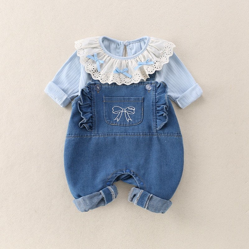 婴幼儿衣服春秋牛仔背带连体裤套装女宝宝洋气花边打底衫外出爬服