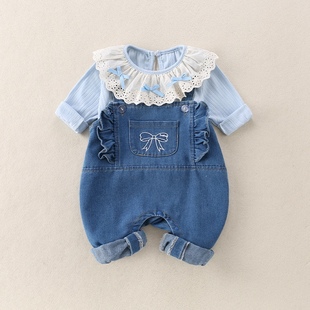 婴幼儿衣服春秋牛仔背带连体裤套装女宝宝洋气花边打底衫外出爬服