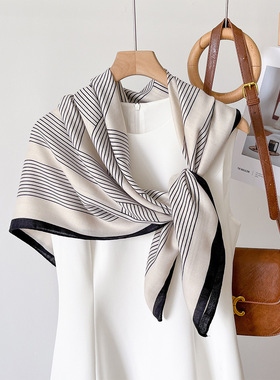 简约米色条纹大方巾90x90CM百搭抹胸丝巾女棉麻手感围巾披肩外搭