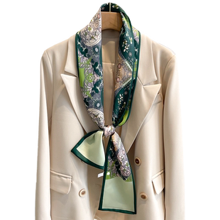春夏季百搭绿色丛林仿真丝丝巾女长条领巾绑包包飘带发带细窄围巾