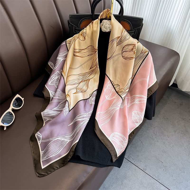 优雅紫色花卉90cm大方巾正方形丝巾女春秋外搭披肩围巾配衬衫领巾