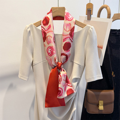 韩版ins~红色涂鸦长条丝巾女2025新款春夏高级感小领巾配衬衣飘带