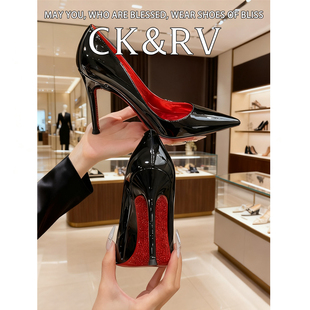 水钻红底高跟鞋女细跟新款职业网红上班性感婚鞋黑色漆皮尖头单鞋