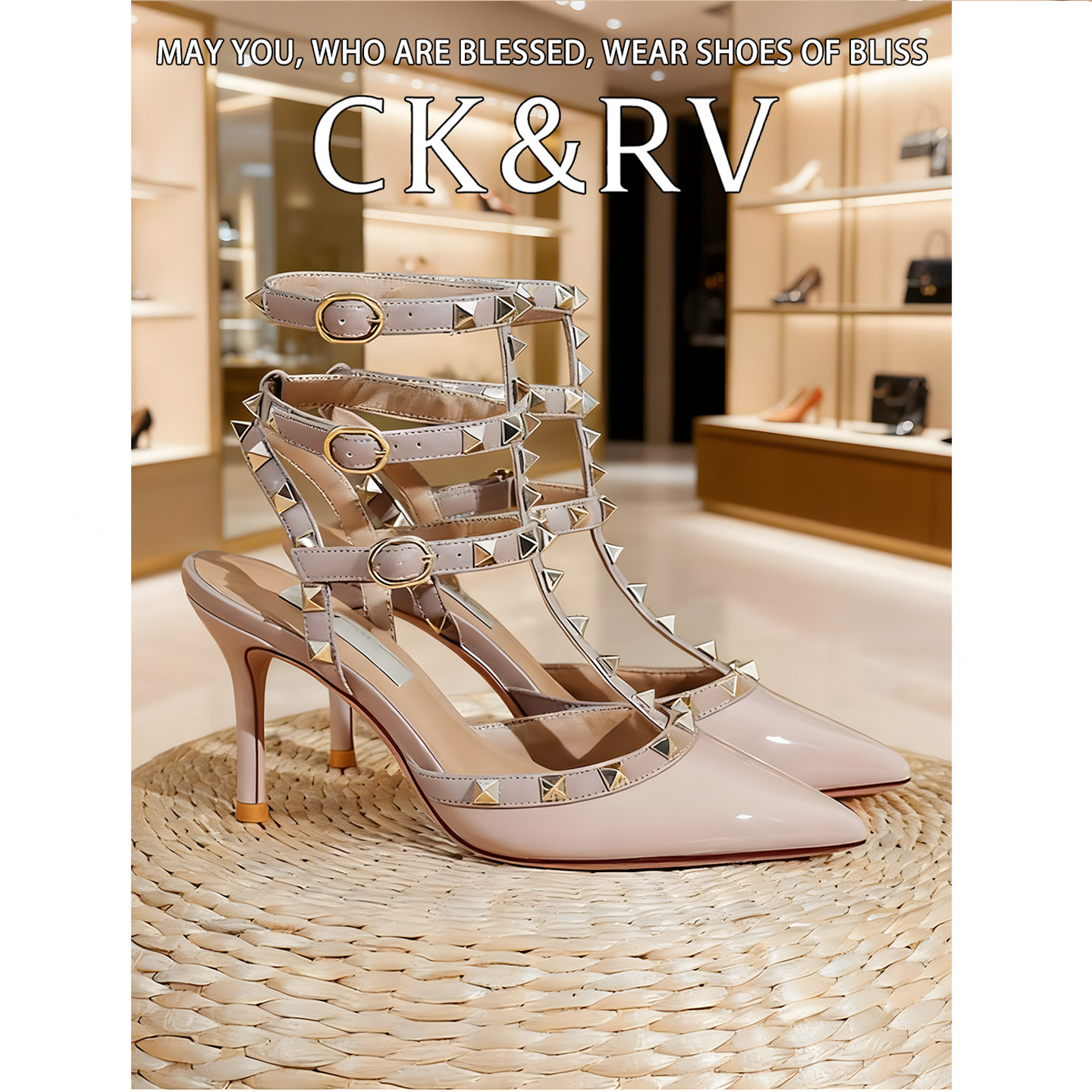 2025夏季新款裸色尖头黑色铆钉高跟鞋女凉鞋细跟裸色单鞋柳丁