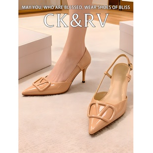 尖头红色高级感新款2025浅口大码裸色小香风细跟高跟鞋女细跟凉鞋