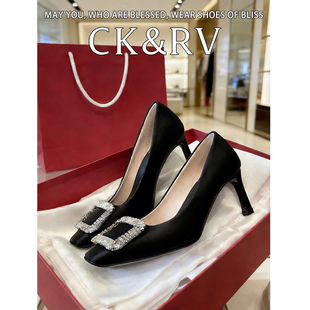CK&RV钻扣绸缎高跟鞋女鞋方头水钻方扣细跟法式复古闪钻单鞋女鞋
