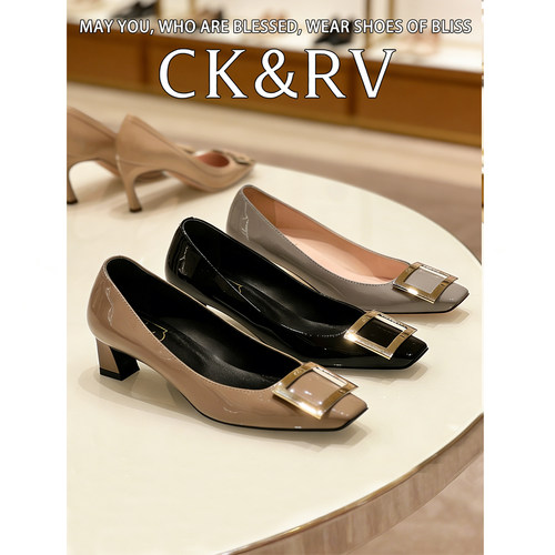 CK&RV方扣厚底方头高跟单鞋