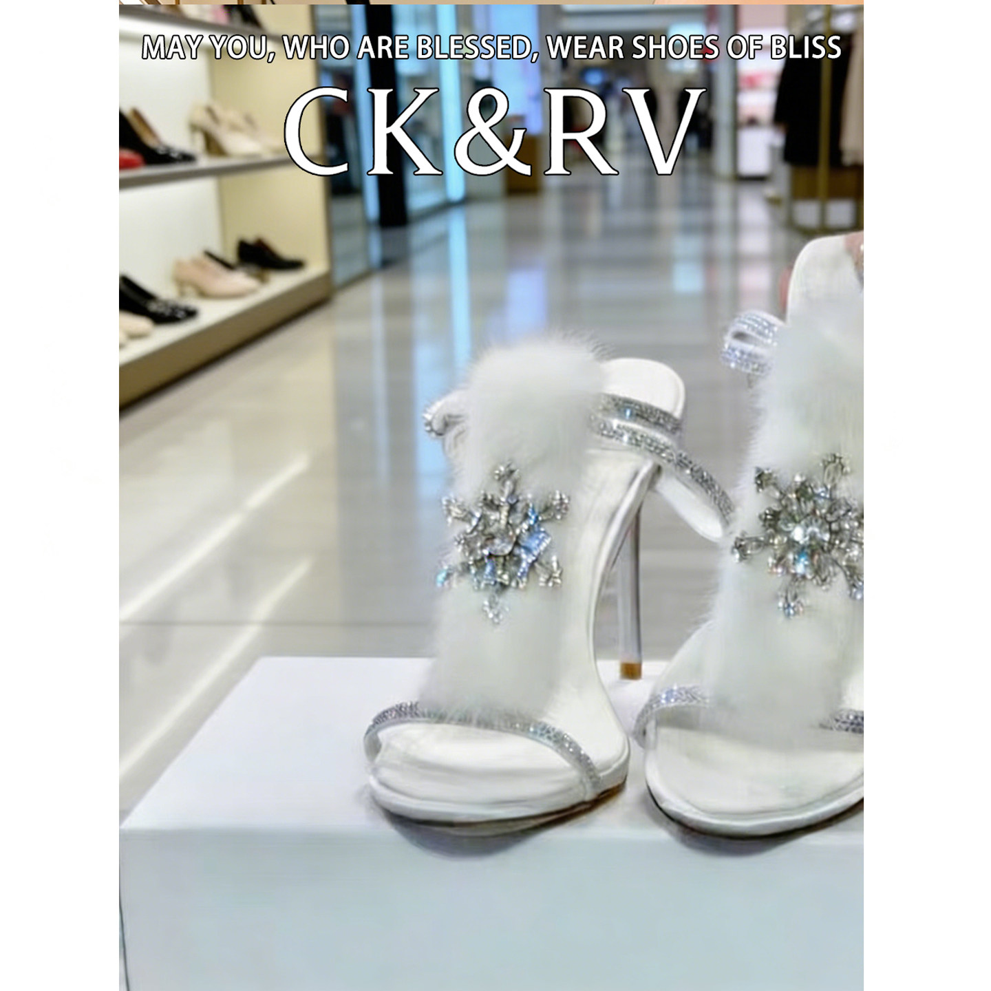 宴会女士新款冬季圆头毛毛仙女风水钻凉鞋女细跟一字带高跟鞋鞋子