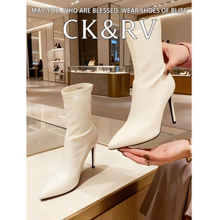 时尚尖头短靴皮面细高跟鞋靴女细跟绒面纯色套筒靴子女单靴秋冬款