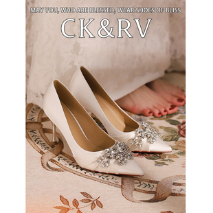 名媛风高跟鞋夏季新款包头细跟水钻尖头伴娘鞋宴会大码中空凉鞋女