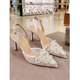 夏季凉鞋女白色婚鞋蕾丝公主风细高跟鞋女细跟白色女士珍珠装饰