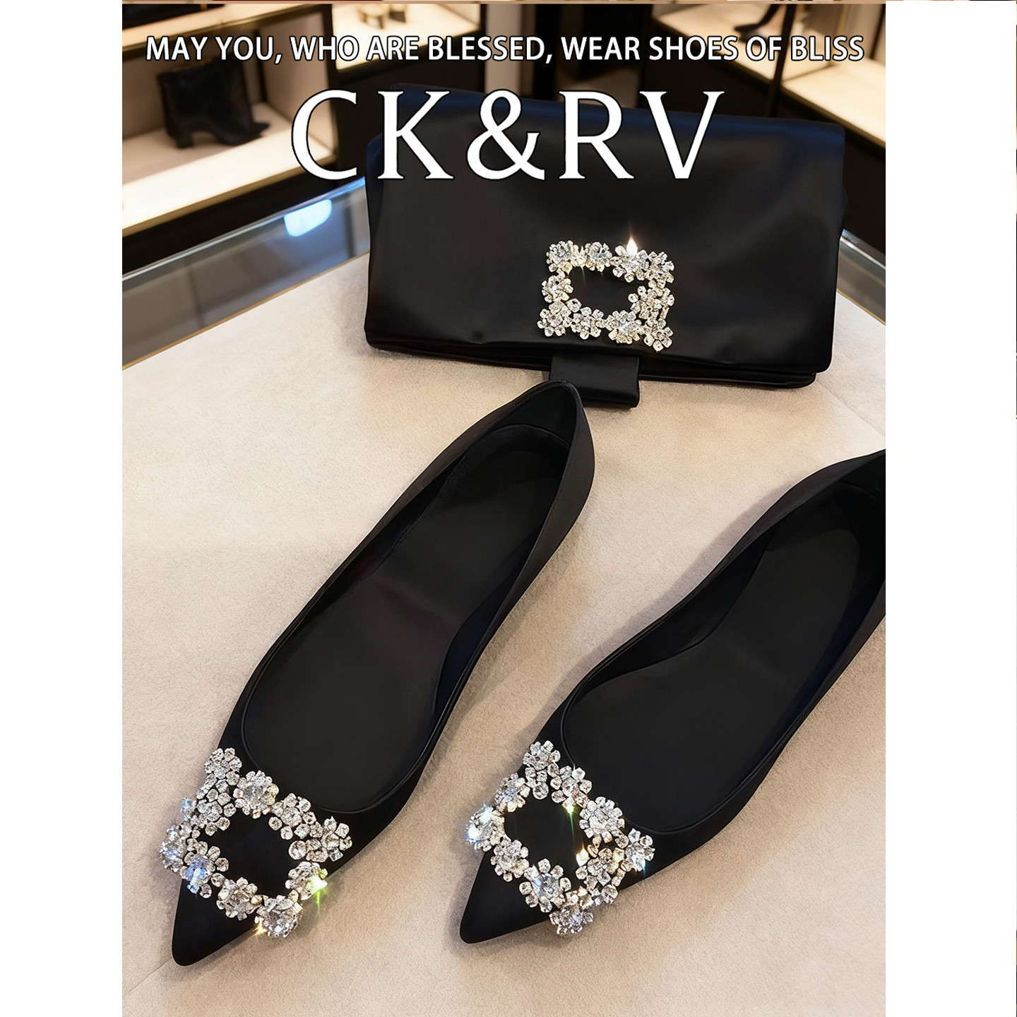 CK&RV11开模黑色水钻方扣平底鞋图片
