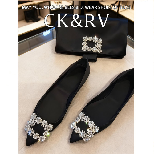 CK&RV11开模黑色水钻方扣平底鞋