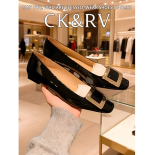 CK&RV高定版~2025新款鞋法式金属女鞋方扣小粗跟浅口方头平底单鞋