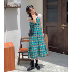 Real price pattern suspender Plaid Dress fishtail skirt
