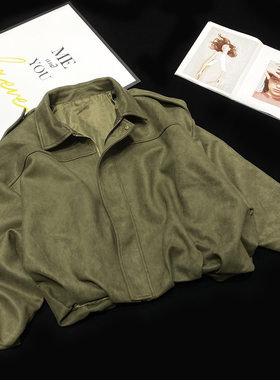 CCA自制美式复古辣妹风军绿色工装外套短款绒面飞行员夹克风衣女