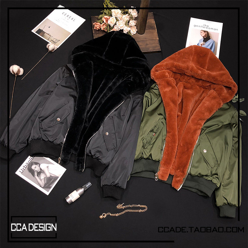 cca自制仿皮草两面穿连帽加厚缎面棉衣棒球服双面仿绸缎外套女潮