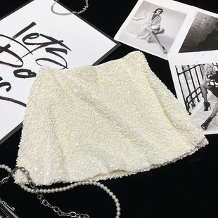 CCA自制小众大牌风珠光亮片半身裙小香风亮闪闪反光珠片A字裙短裙