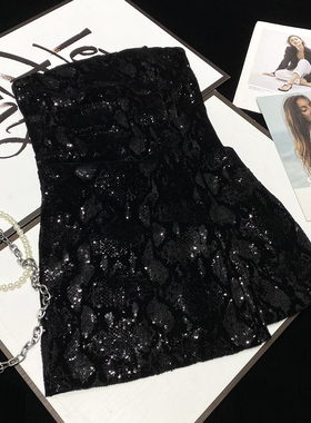 CCA自制黑色蛇纹亮片抹胸连衣裙短裙珠片丝绒性感夜店辣妹连衣裙