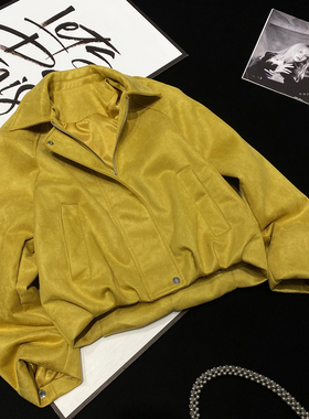 CCA自制欧美ins博主款姜黄色麂皮绒翻领夹克宽松女士工装风衣外套