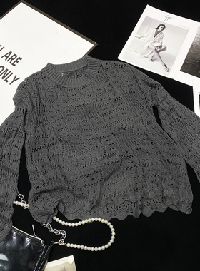 CCA自制慵懒风长袖波浪边针织衫氛围感镂空深灰色套头薄款毛衣女