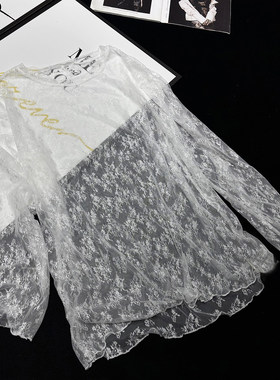CCA自制春季新品透视蕾丝衫性感叠穿内搭宽松中长款蕾丝打底衫T恤