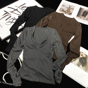 CCA自制天丝羊毛显瘦半开襟可调节拉链V领针织上衣长袖 T恤打底衫