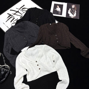 超短外搭披肩坎肩外套 长袖 CCA自制美式 辣妹风V领纽扣麻花针织开衫