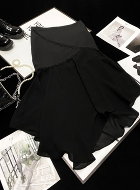 CCA小众设计感不规则半身裙蕾丝花边拼接高腰雪纺拼接黑色裙子女