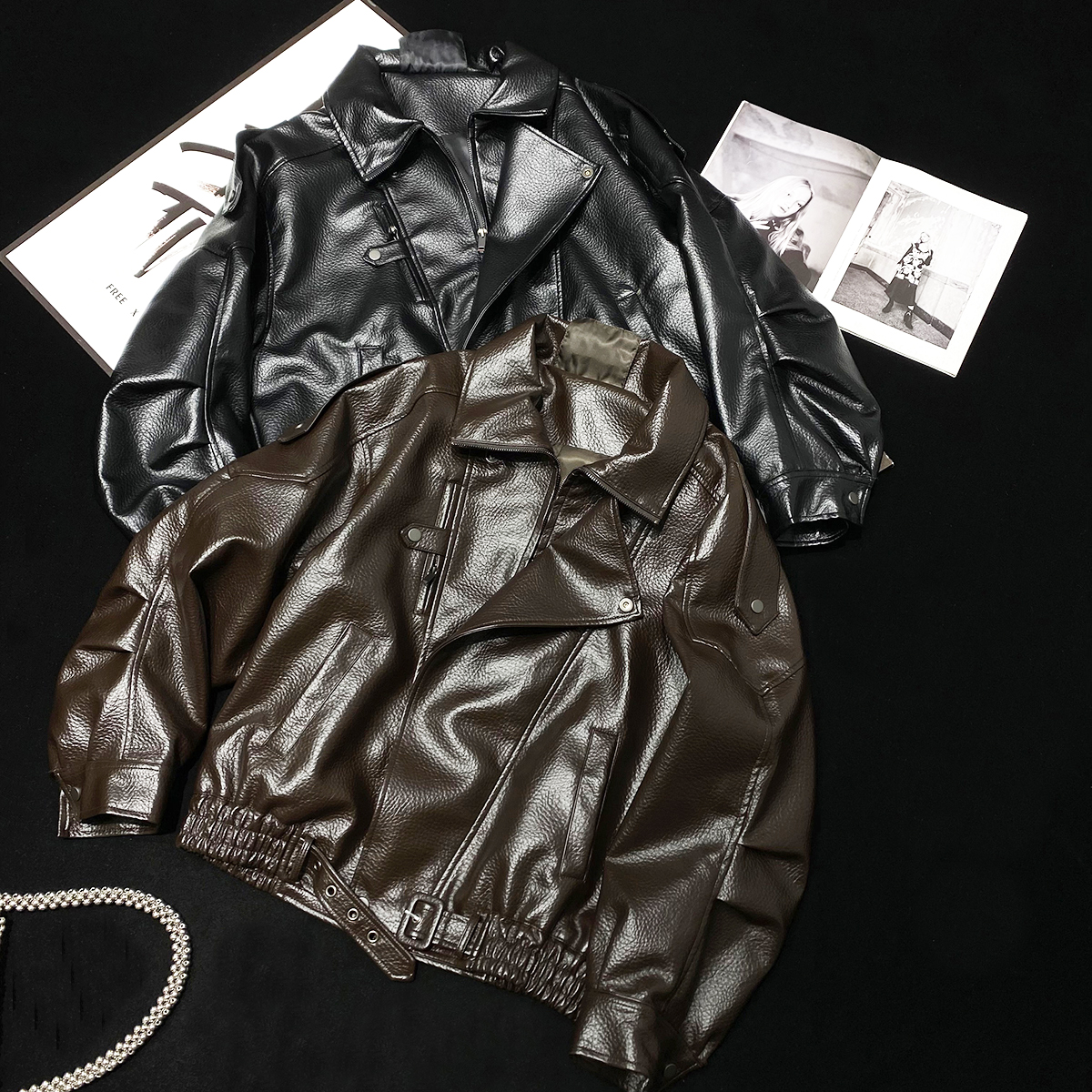 CCA自制欧美ins斜拉链复古翻领收腰廓形机车皮衣哑光PU皮夹克外套