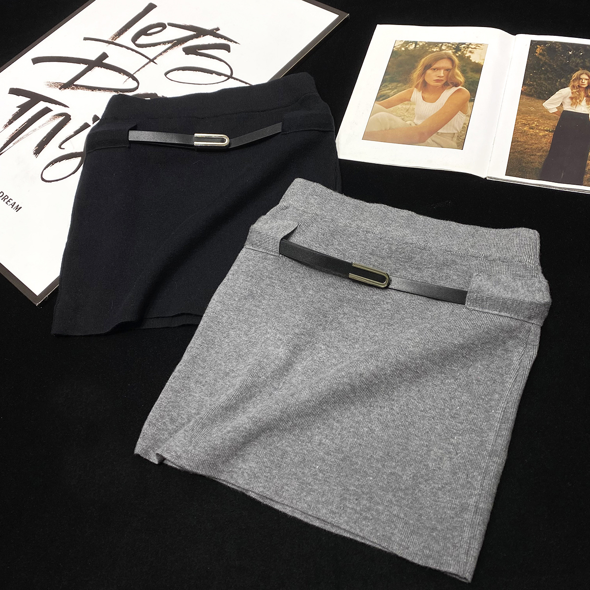 CCA自制小众设计感针织弹力包臀裙腰带装饰通勤百搭短裙半身裙女