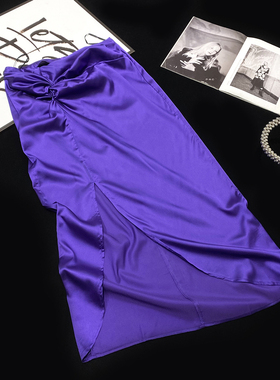 CCA自制欧美ins博主款紫色缎面半身裙不规则开叉度假风亮面长裙女