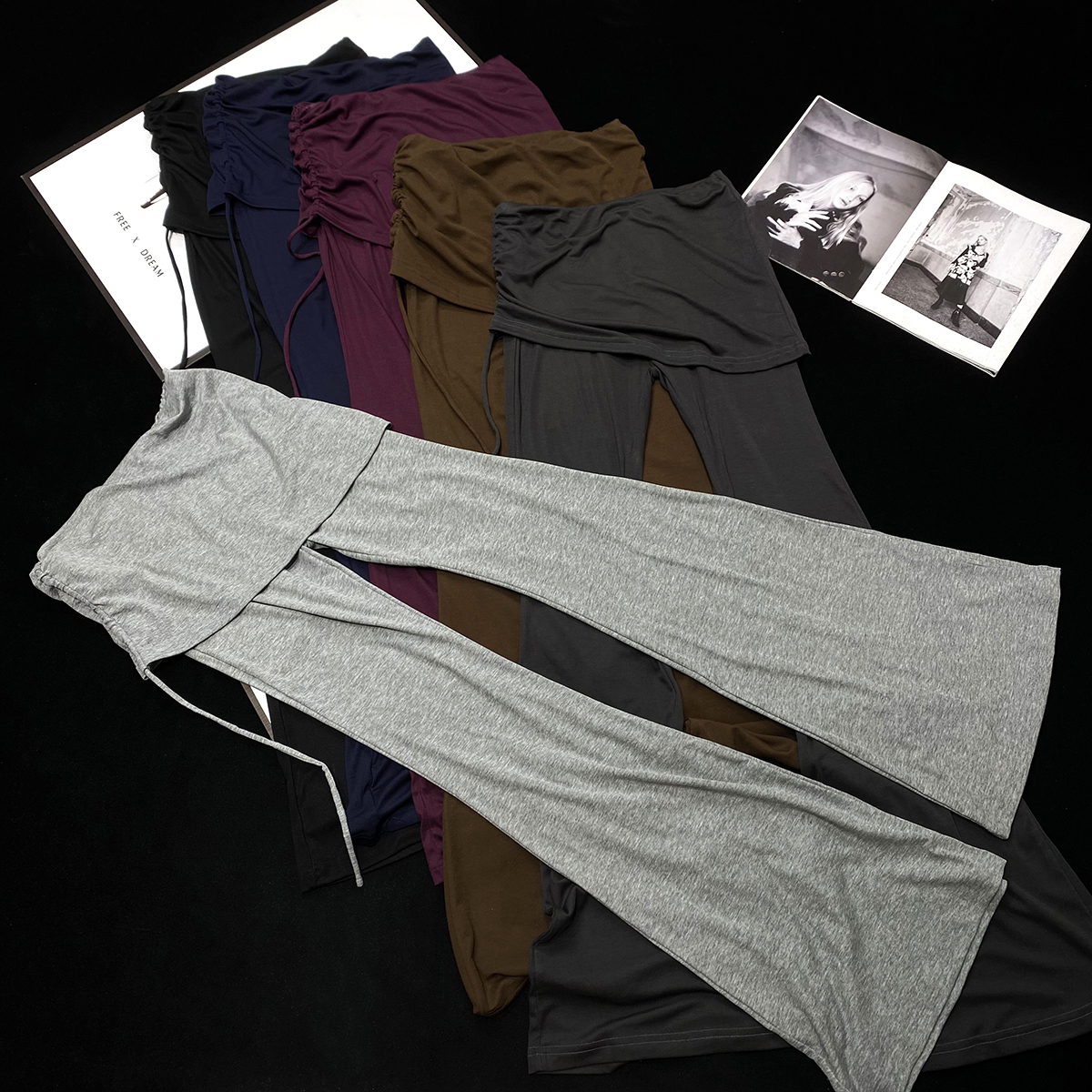 CCA自制假两件辣妹侧边抽绳垂感瑜伽裤拖地微喇裤低腰显瘦喇叭裤