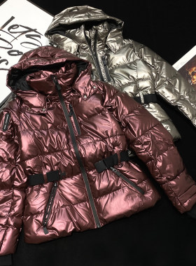 CCA自制滑雪羽绒棉棉服腰带收腰金属光泽银色亮面连帽棉衣外套女