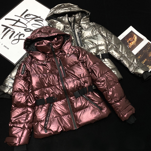 CCA自制滑雪羽绒棉棉服腰带收腰金属光泽银色亮面连帽棉衣外套女