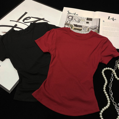 短袖简约高弹力薄高腰短T恤