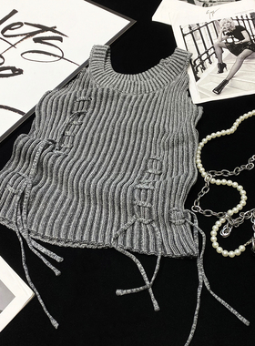 CCA自制早秋新品混色无袖绑带针织衫美式辣妹风圆领系带灰色背心