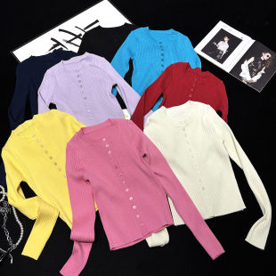 弹力显瘦外搭上衣修身 短款 毛衣外套 针织开衫 CCA自制多巴胺色长袖