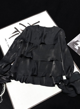 CCA自制复古黑色亮面叠层荷叶边喇叭袖长袖衬衫光泽感偏光衬衣女